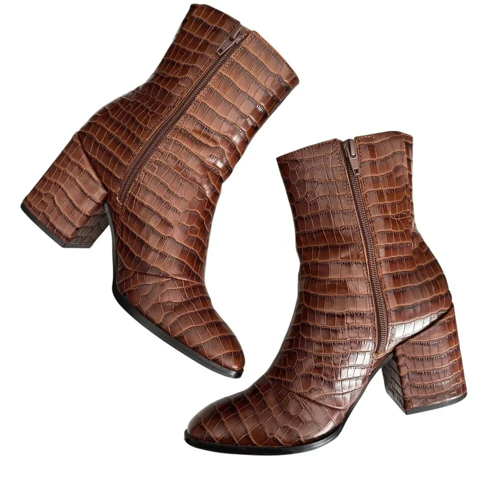 Vionic Harper Croc Boots Womens Size 6 Brown Leather‎ Ankle Block Heel Booties